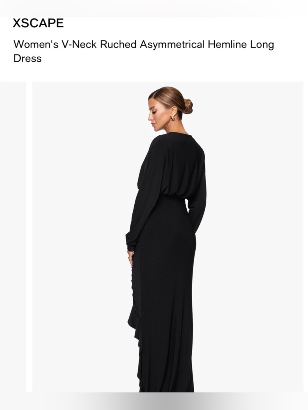 XSCAPE Modest Black V-Neck Ruched Asymmetrical Hemline Long Gown Dolman Sleeve 8 - Picture 4 of 7